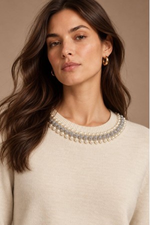 Cream Pearl Detail Round Neck Jumper - AIMELIA BR3043