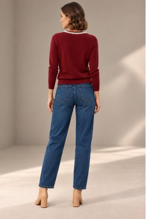 Burgundy Pearl Detail Round Neck Jumper - AIMELIA BR3044
