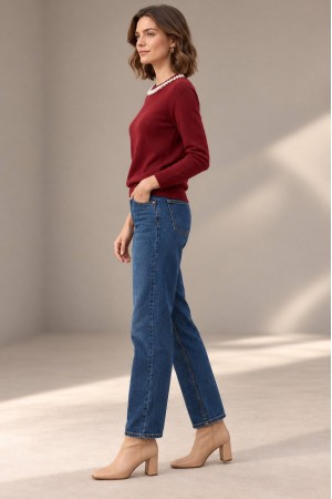 Burgundy Pearl Detail Round Neck Jumper - AIMELIA BR3044