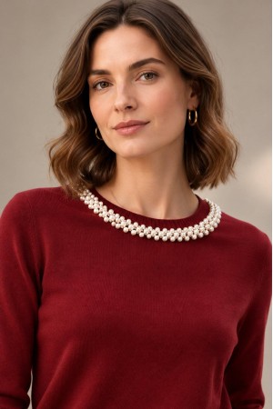 Burgundy Pearl Detail Round Neck Jumper - AIMELIA BR3044