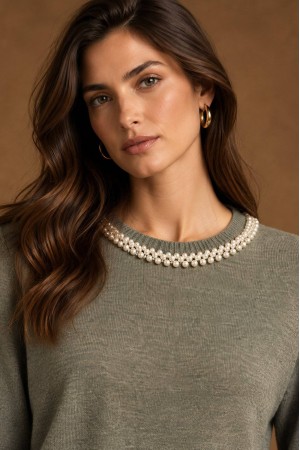 Dark Grey Pearl Detail Round Neck Jumper - AIMELIA BR3045 Dark Grey Pearl Detail Round Neck Jumper - AIMELIA BR3045
