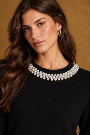 Black Pearl Detail Round Neck Jumper - AIMELIA BR3040 Black Pearl Detail Round Neck Jumper - AIMELIA BR3040