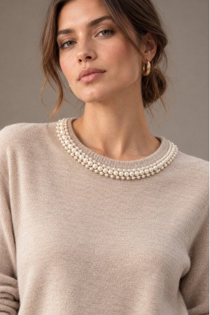 Camel Pearl Detail Round Neck Jumper - AIMELIA BR3041 Camel Pearl Detail Round Neck Jumper - AIMELIA BR3041