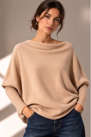Pulover moale, asimetric, Beige, Roh Br3048 Pulover moale, asimetric, Beige, Roh Br3048