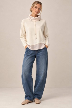 Cream Polo Neck Jumper with Sparkling Satin Hem - AIMELIA BR2989