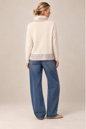 Cream Polo Neck Jumper with Sparkling Satin Hem - AIMELIA BR2989