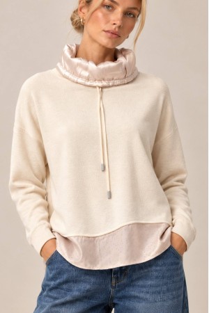 Cream Polo Neck Jumper with Sparkling Satin Hem - AIMELIA BR2989