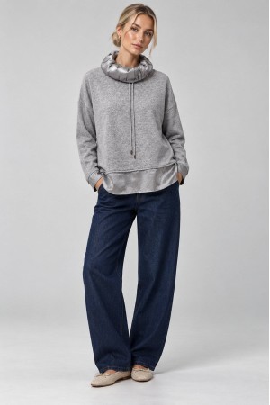 Grey Polo Neck Jumper with Sparkling Satin Hem - AIMELIA BR2987 Grey Polo Neck Jumper with Sparkling Satin Hem - AIMELIA BR2987