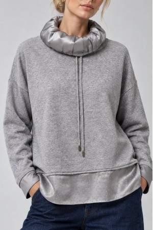 Grey Polo Neck Jumper with Sparkling Satin Hem - AIMELIA BR2987 Grey Polo Neck Jumper with Sparkling Satin Hem - AIMELIA BR2987