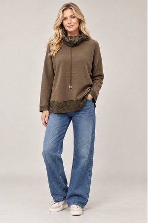 Khaki Polo Neck Jumper with Sparkling Satin Hem - AIMELIA BR2900
