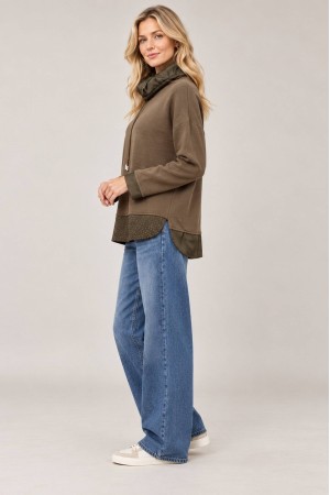 Khaki Polo Neck Jumper with Sparkling Satin Hem - AIMELIA BR2900
