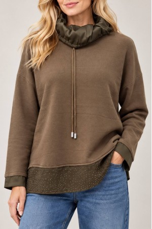 Khaki Polo Neck Jumper with Sparkling Satin Hem - AIMELIA BR2900