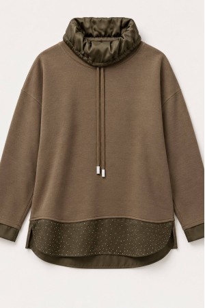 Khaki Polo Neck Jumper with Sparkling Satin Hem - AIMELIA BR2900