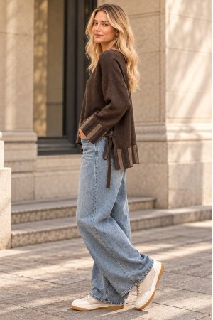 Brown Oversized High-Low Jumper with Side Ties - AIMELIA BR2991