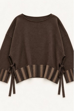 Brown Oversized High-Low Jumper with Side Ties - AIMELIA BR2991