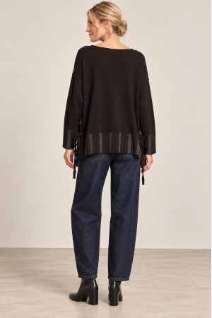 Black Oversized High-Low Jumper with Side Ties - AIMELIA BR2993