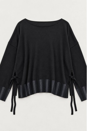 Black Oversized High-Low Jumper with Side Ties - AIMELIA BR2993