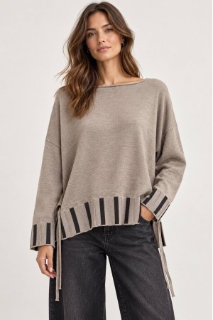 Taupe Oversized High-Low Jumper with Side Ties - AIMELIA BR2992