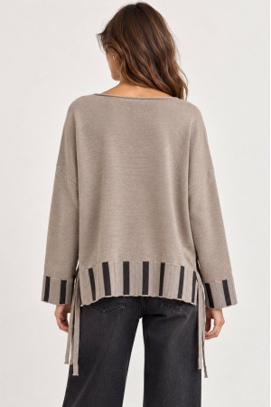 Taupe Oversized High-Low Jumper with Side Ties - AIMELIA BR2992