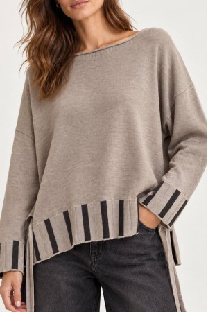 Taupe Oversized High-Low Jumper with Side Ties - AIMELIA BR2992