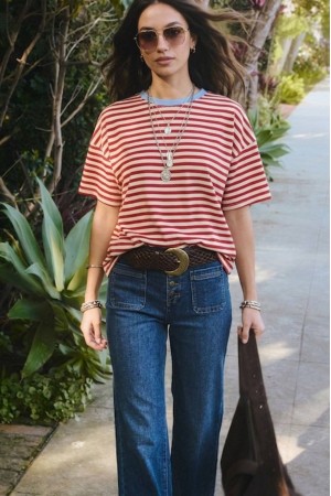 Red and White Striped Cotton T-Shirt with Blue Trim | ROH BR2960