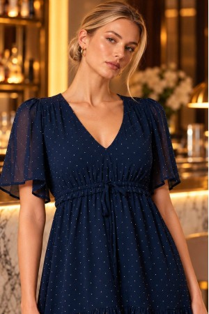 Navy Flutter Sleeve Chiffon Midi Dress - AIMELIA DR4882