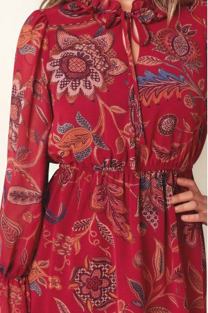 Women’s Burgundy Floral Midi Dress with Elasticated Waist