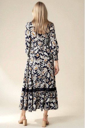Navy and White Floral Long Sleeve Maxi Dress | AIMELIA DR4848