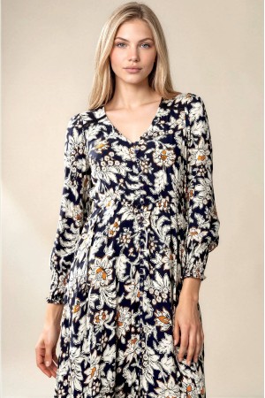 Navy and White Floral Long Sleeve Maxi Dress | AIMELIA DR4848