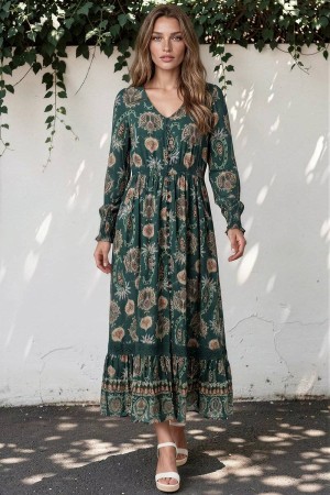 Rochie maxi Teal cu maneca lungi si imprimeu floral Roh Dr4857