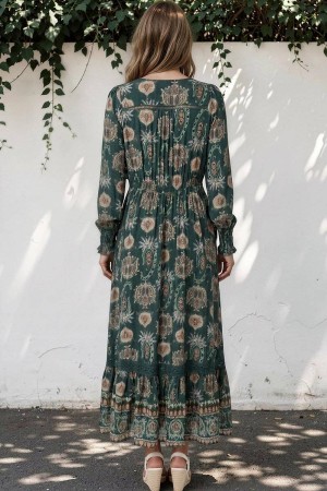 Rochie maxi Teal cu maneca lungi si imprimeu floral Roh Dr4857