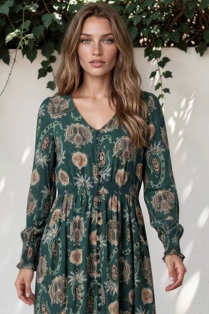 Rochie maxi Teal cu maneca lungi si imprimeu floral Roh Dr4857