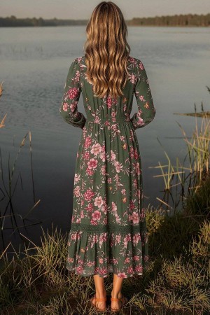 Rochie maxi Verde cu maneca lungi si imprimeu floral Roh Dr4858