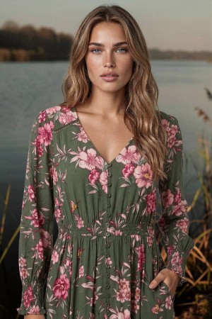 Rochie maxi Verde cu maneca lungi si imprimeu floral Roh Dr4858