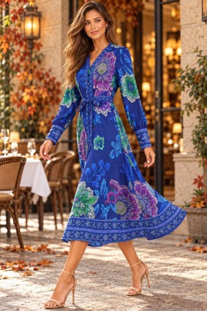 Rochie midi albastru cu imprimeu floral, buzunare si un cordon Dr4856