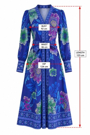 Rochie midi albastru cu imprimeu floral, buzunare si un cordon Dr4856