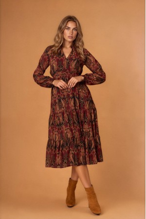 Brown Paisley Chiffon Midi Dress with Pockets - AIMELIA DR4883 Brown Paisley Chiffon Midi Dress with Pockets - AIMELIA DR4883