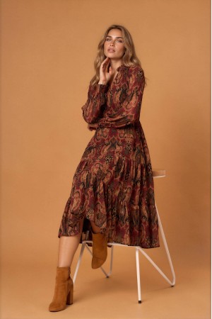Brown Paisley Chiffon Midi Dress with Pockets - AIMELIA DR4883 Brown Paisley Chiffon Midi Dress with Pockets - AIMELIA DR4883