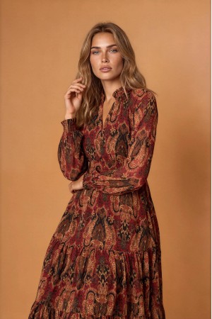 Brown Paisley Chiffon Midi Dress with Pockets - AIMELIA DR4883 Brown Paisley Chiffon Midi Dress with Pockets - AIMELIA DR4883