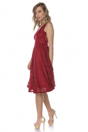 Elegant lace midi, Aimelia Dr3696, in Wine, with a cut out back.