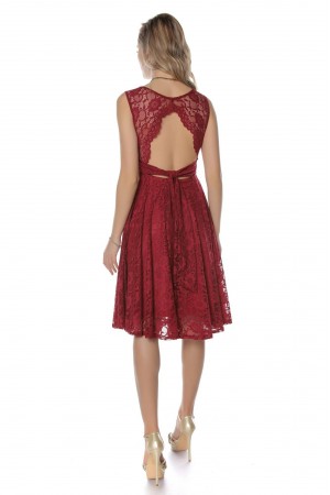 Elegant lace midi, Aimelia Dr3696, in Wine, with a cut out back.