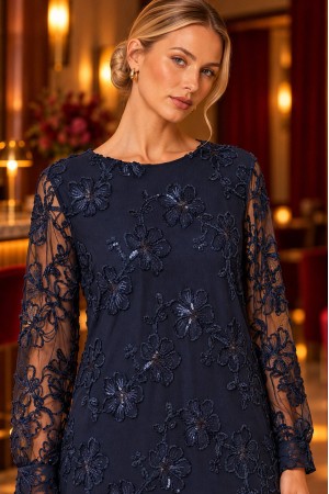Navy Floral Sequin Embroidered Tulle Midi Dress - AIMELIA DR4881