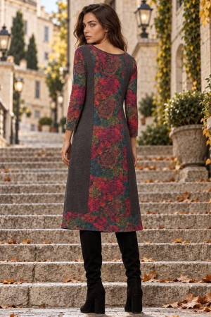  Rochie midi gri cu imprimeu floral ÃƒÂ®n contrast si buzunare Roh Dr4855