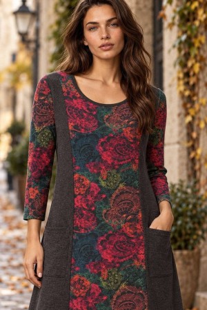  Rochie midi gri cu imprimeu floral ÃƒÂ®n contrast si buzunare Roh Dr4855