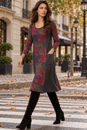  Rochie midi gri cu imprimeu floral ÃƒÂ®n contrast si buzunare Roh Dr4855