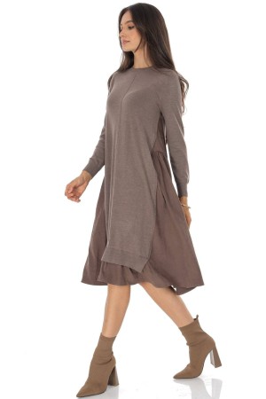 Brown Oversized Wool Blend Midi Dress with Contrast Panels - AIMELIA DR4795