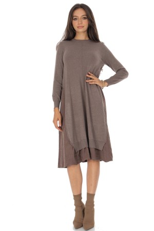 Brown Oversized Wool Blend Midi Dress with Contrast Panels - AIMELIA DR4795
