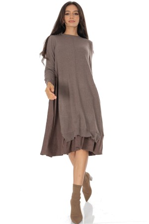 Brown Oversized Wool Blend Midi Dress with Contrast Panels - AIMELIA DR4795