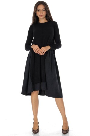 Black Oversized Wool Blend Midi Dress with Contrast Panels - AIMELIA DR4793