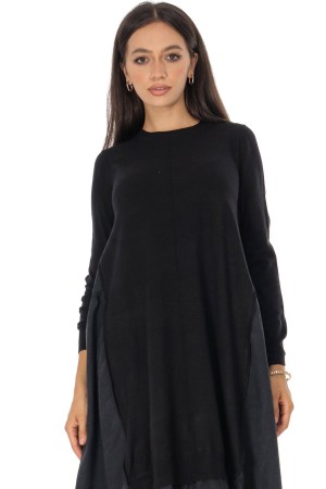 Black Oversized Wool Blend Midi Dress with Contrast Panels - AIMELIA DR4793